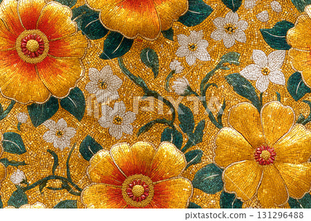 Luxury decor. Mosaic of glass pearl yellow tiles. Floral pattern. Top view. Luxury decor. Mosaic of glass pearl yellow tiles. Floral pattern. Top view. 131296488