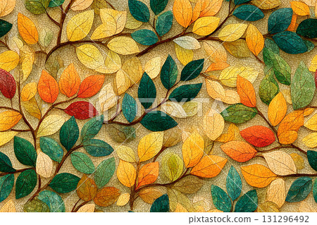 Different colors. Mosaic of glass pearl multi-colored tiles. Leaf patterns. Top view. Different colors. Mosaic of glass pearl multi-colored tiles. Leaf patterns. Top view. 131296492