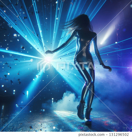 Person Dancing in Reflective Silver Bodysuit Under Lasers and Fog for Futuristic Club Scene Person Dancing in Reflective Silver Bodysuit Under Lasers and Fog for Futuristic Club Scene 131296502