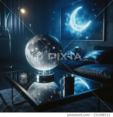 Futuristic home with galactic metallic decor, featuring moon lamp, chrome accents, and ambient lighting. 131296511
