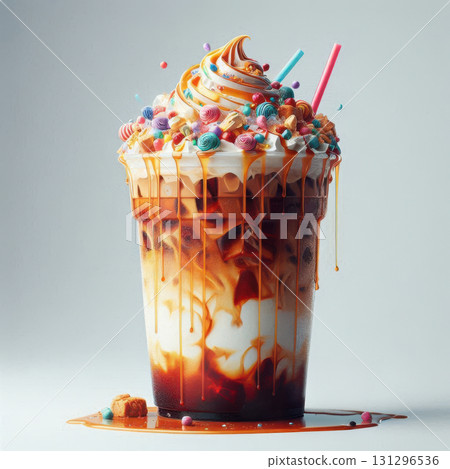 Fun iced coffee drink with quirky toppings and creamy layers, ideal for TikTok-inspired designs, stickers, or kitchen-themed art prints. Fun iced coffee drink with quirky toppings and creamy layers, ideal for TikTok-inspired designs, stickers, or kitchen-themed art prints. 131296536