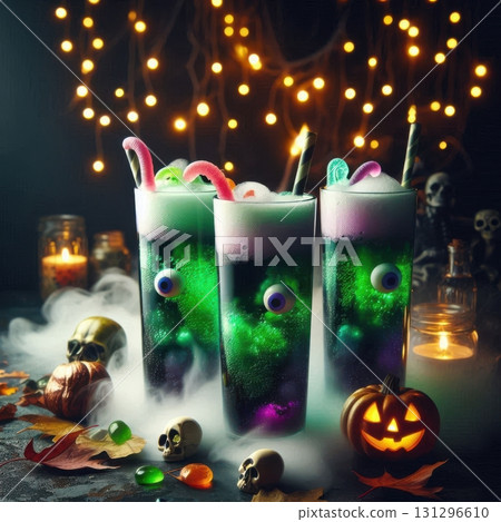 Halloween punch in spooky colors with candy and fog effect, moody beverage photo for print, sublimation or themed party design Halloween punch in spooky colors with candy and fog effect, moody beverage photo for print, sublimation or themed party design 131296610