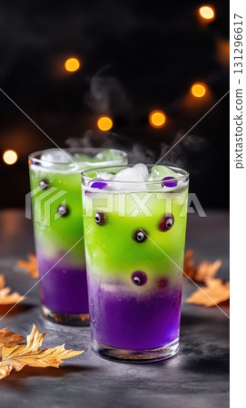 Halloween-themed punch with floating eyeballs and gummy worms, shot with fog and moody light, perfect for party designs. Halloween-themed punch with floating eyeballs and gummy worms, shot with fog and moody light, perfect for party designs. 131296617