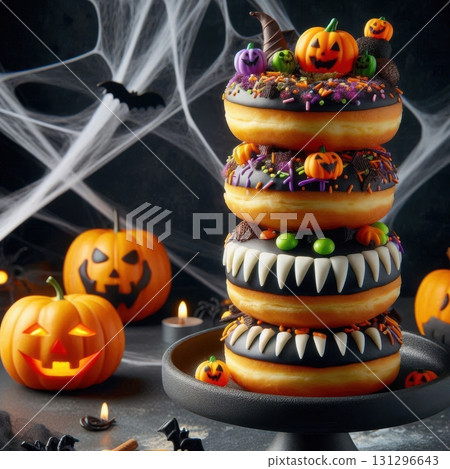 Brightly lit Halloween bakery photo with festive donuts and fun details for seasonal prints and merchandise. 131296643