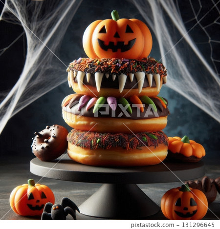 Halloween donuts stacked with spooky icing and candy details on a black stand, ideal for bakery-themed seasonal content. 131296645