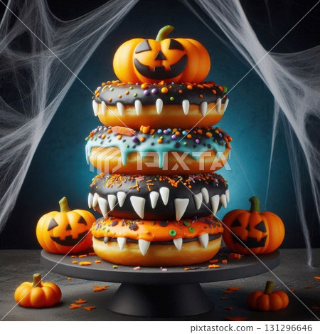 Stacked Halloween donuts with candy fangs and monster icing, black stand and spiderweb background, bright lighting for festive bakery print Stacked Halloween donuts with candy fangs and monster icing, black stand and spiderweb background, bright lighting for festive bakery print 131296646