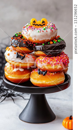 Colorful Halloween donut tower with monster faces and spiderweb decor, great for food stock imagery. 131296652
