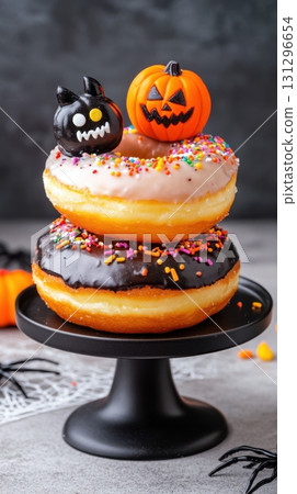 Stacked Halloween donuts with candy fangs and monster icing, black stand and spiderweb background, bright lighting for festive bakery print 131296654