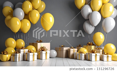 Celebrate events and anniversaries with gift boxes and balloons. AI-generated illustrations. 131296726