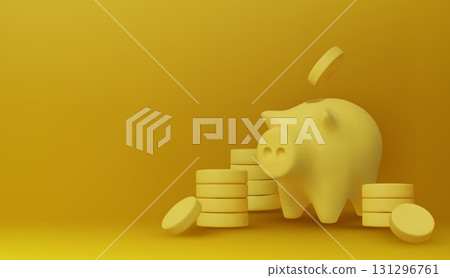 3D yellow piggy bank with gold coins, representing wealth, savings, investment planning, and modern finance design for business concepts. 131296761