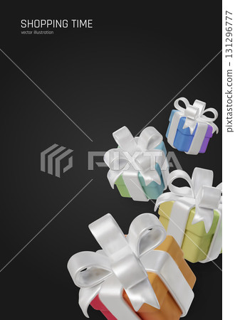 Festive shopping background with multicolored present boxes tied in glossy white bows. 131296777