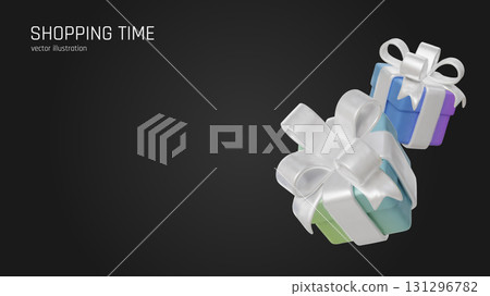 Modern 3D shopping time concept with multicolored gift boxes and glossy ribbons. Modern 3D shopping time concept with multicolored gift boxes and glossy ribbons. 131296782