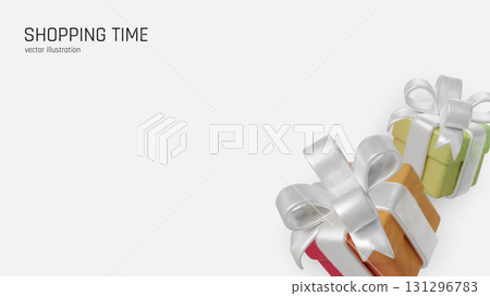 Colorful 3D gift boxes with shiny white ribbons on clean minimal background. 131296783
