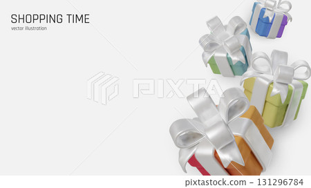Colorful 3D gift boxes with shiny white ribbons on clean minimal background. 131296784