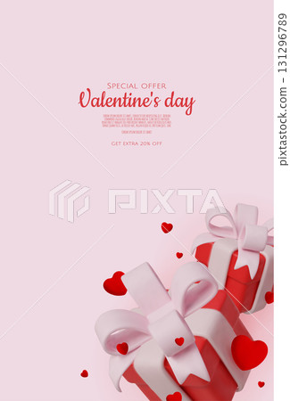 Valentine s Day Gift Boxes with Pink Ribbons and Red Hearts 3D Romantic Background Valentine s Day Gift Boxes with Pink Ribbons and Red Hearts 3D Romantic Background 131296789