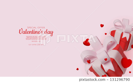Elegant Valentine s present boxes decorated with pink bows and surrounded by red heart shapes. 131296790