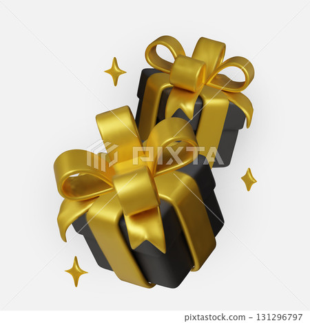 Black festive gifts tied with glossy golden bows. 131296797
