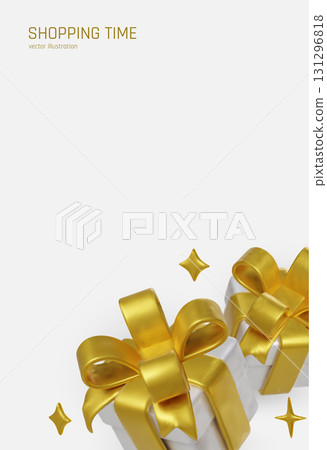 White festive gifts tied with glossy golden bows. 131296818
