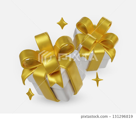 Elegant white gift boxes with shiny golden ribbons and bows. 131296819