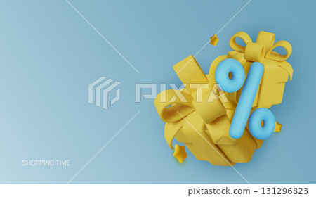3D yellow presents with discount symbols on blue background. 3D yellow presents with discount symbols on blue background. 131296823