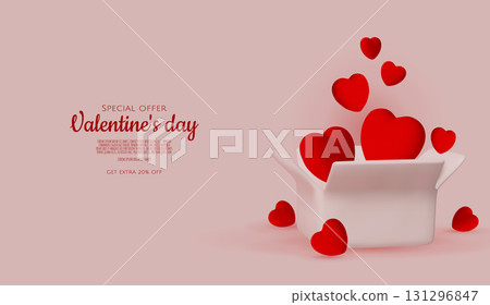 Romantic 3D Valentine s Day illustration with red hearts coming out of open pink gift boxes on a soft pink background. Perfect for holiday promotions, greeting cards, or love-themed campaigns. 131296847