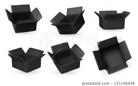 Collection of isometric black open boxes on white background. Ideal for delivery, shipping, packaging, and online store visuals. Collection of isometric black open boxes on white background. Ideal for delivery, shipping, packaging, and online store visuals. 131296848