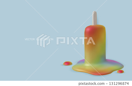 3D render of a half-melted berry popsicle lying on a colorful surface, summer dessert concept. 131296874