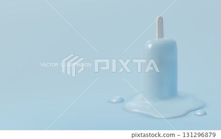 Minimalistic illustration of a melting blue ice cream popsicle on a bright pastel background. 131296879