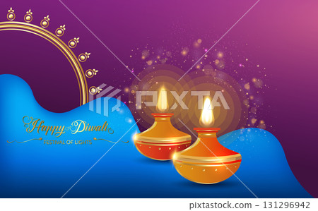 Happy Diwali Festival of Lights India Celebration colorful template. Graphic banner design of burning Indian Diya Oil Lamps, gold mandala design. Vector festive colorful background 131296942