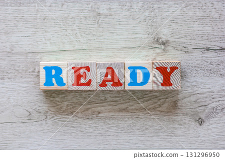 Text Ready on wooden cubes with colorful letters Text Ready on wooden cubes with colorful letters 131296950