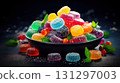 Top view on delicious multicolored candies on black rustic background. Generative AI 131297003