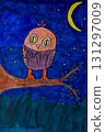 Owl on branch of tree in night drawing by child using felt tip pens 131297009