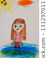 Girl under sun drawn by child with wax crayons 131297011