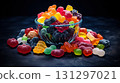 Top view on delicious multicolored candies on black rustic background. Generative AI 131297021