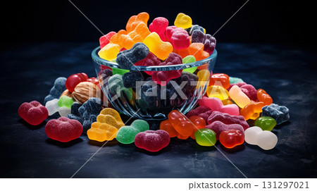 Top view on delicious multicolored candies on black rustic background. Generative AI Top view on delicious multicolored candies on black rustic background. Generative AI 131297021