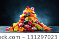 Top view on delicious multicolored candies on black rustic background. Generative AI 131297023