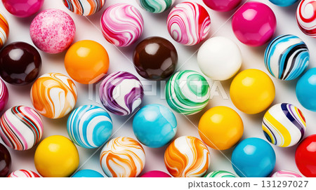 Top view on large colorful jawbreaker candies background. Gum colorful balls. Generative AI Top view on large colorful jawbreaker candies background. Gum colorful balls. Generative AI 131297027