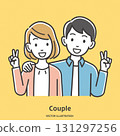 A friendly young couple making a peace sign 131297256