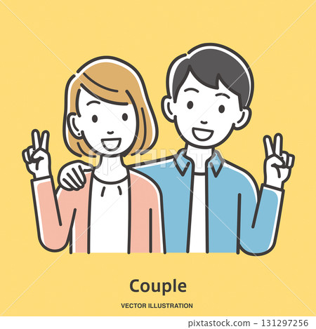 A friendly young couple making a peace sign 131297256