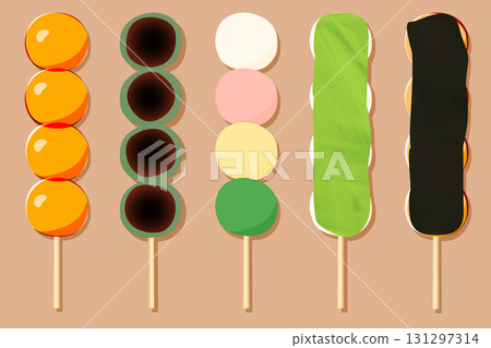 Illustrations of various flavors of Japanese sweets and dumplings Illustrations of various flavors of Japanese sweets and dumplings 131297314