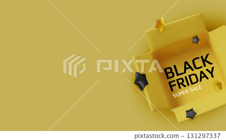 Black Friday 3D illustration with open yellow box and black stars on yellow background. Perfect for sale promotions, e-commerce banners, and digital marketing visuals. Black Friday 3D illustration with open yellow box and black stars on yellow background. Perfect for sale promotions, e-commerce banners, and digital marketing visuals. 131297337