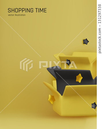 Black Friday 3D illustration with open box and stars. Perfect for sale promotions, e-commerce banners, and digital marketing visuals. 131297338