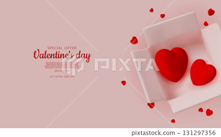 3D render for Valentine s Day sale with red hearts in open boxes and elegant typography. Ideal for ecommerce, banners, advertisements, and romantic event promotions. 131297356