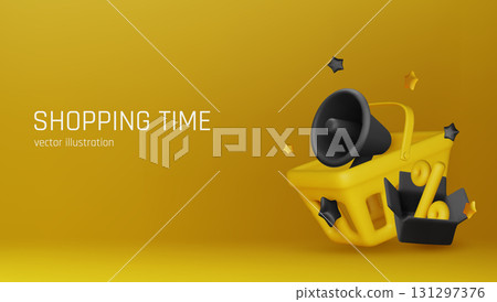 3D vector illustration of a yellow shopping basket with a black megaphone and discount symbols. Perfect for promoting sales, special offers, and marketing campaigns. 3D vector illustration of a yellow shopping basket with a black megaphone and discount symbols. Perfect for promoting sales, special offers, and marketing campaigns. 131297376