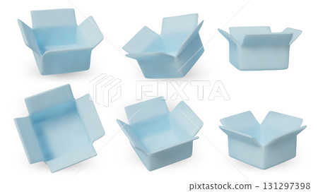 3D render of empty bright yellow open boxes in multiple perspectives. Perfect for UI UX design, product mockups, and digital marketing assets. 131297398