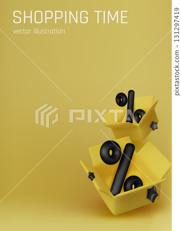 Modern 3D illustration of yellow open boxes with black percent signs inside. Perfect for advertising promotions, sales campaigns, and shopping-themed designs. 131297419