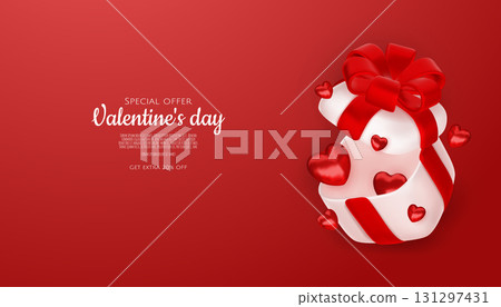 Valentines day sale vector banner template. Valentines day sale discount text with hearts elements in white pattern background. Vector illustration. 131297431
