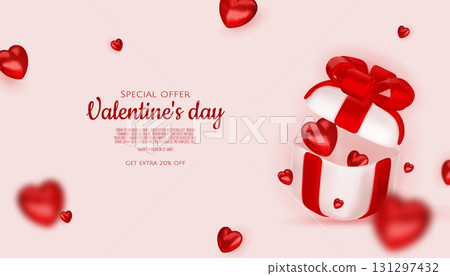 Valentines day sale vector banner template. Valentines day sale discount text with hearts elements in white pattern background. Vector illustration. 131297432