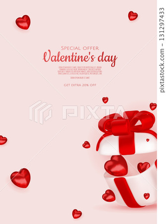 Valentines day sale vector banner template. Valentines day sale discount text with hearts elements in white pattern background. Vector illustration. 131297433