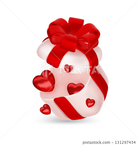 Valentines day design. Realistic gifts boxes. Open gift box full of decorative festive object. Holiday banner, web poster, flyer, stylish brochure, greeting card, cover. Romantic background 131297434